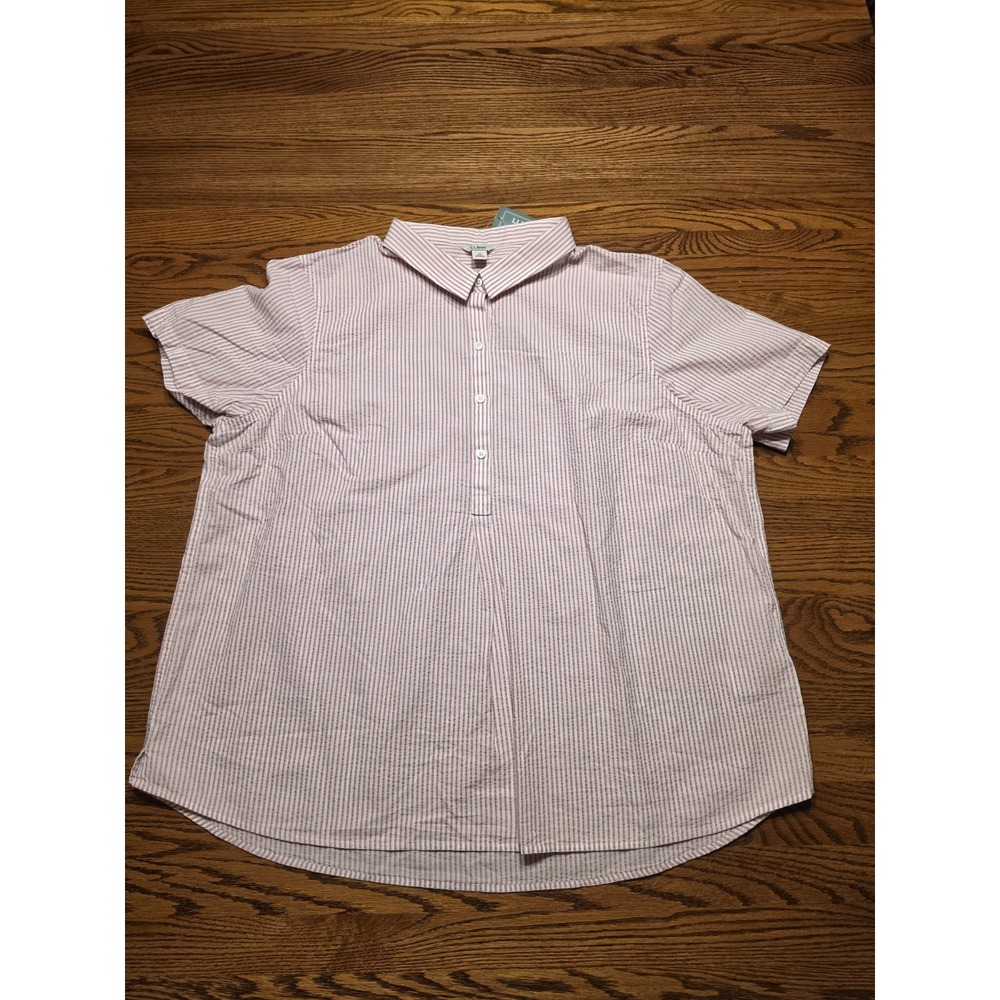 NWT L.L. Bean Seersucker Top Womens 1X 1/2 Button Down‎ Pink & White Stripes S/S